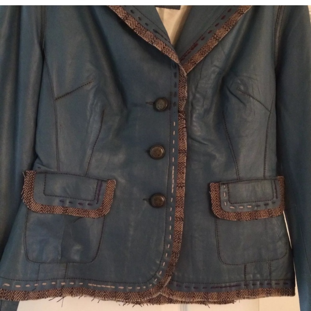 Blue Leather Jacket With Brown Thread Lining Small - Picture 4 of 11